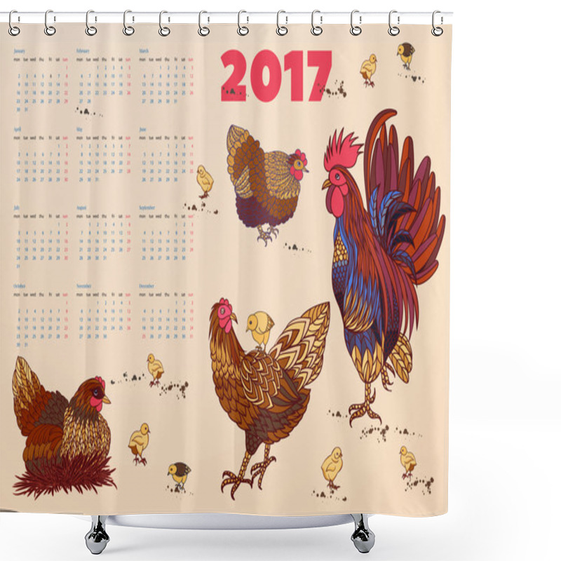 Personality  2017 Calendar With Rooster, Hens And Chickens. Week Starts On Monday Shower Curtains