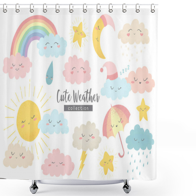 Personality  Vector Collection With Hand Drawn Cartoon Sun, Moon, Rainbow, Umbrella, Rain, Snow, Clouds And Stars Isolated On White Background. Cute Weather Characters Illustration In Cartoon Simple Style Shower Curtains