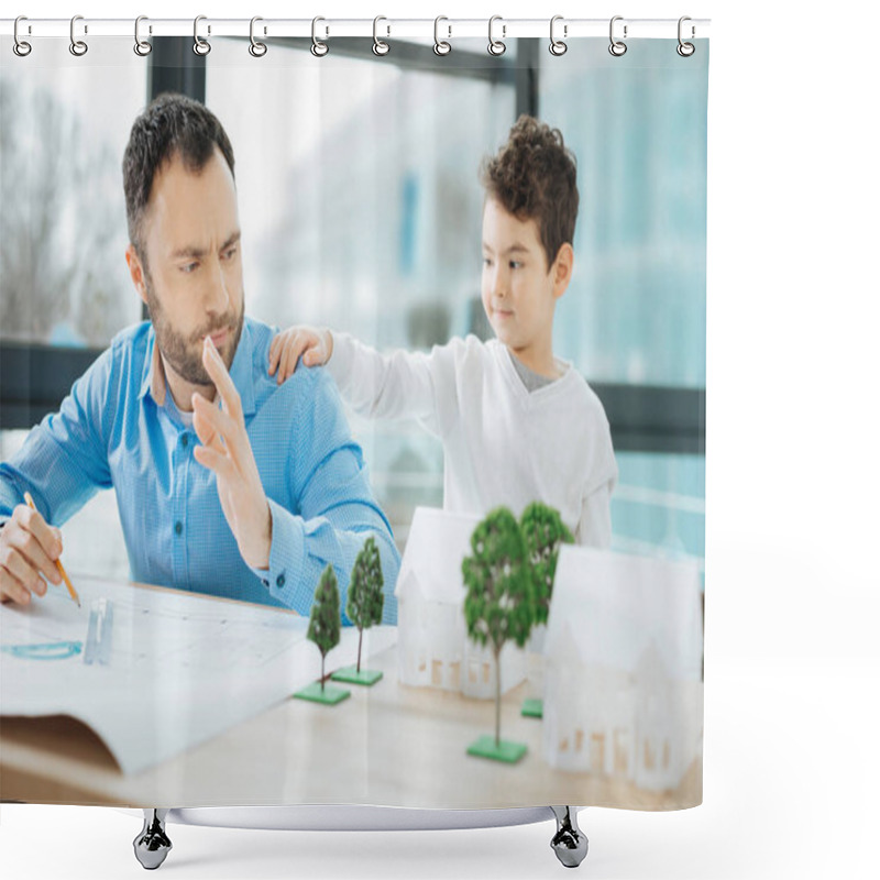 Personality  Little Boy Attracting Fathers Attention While He Working Shower Curtains