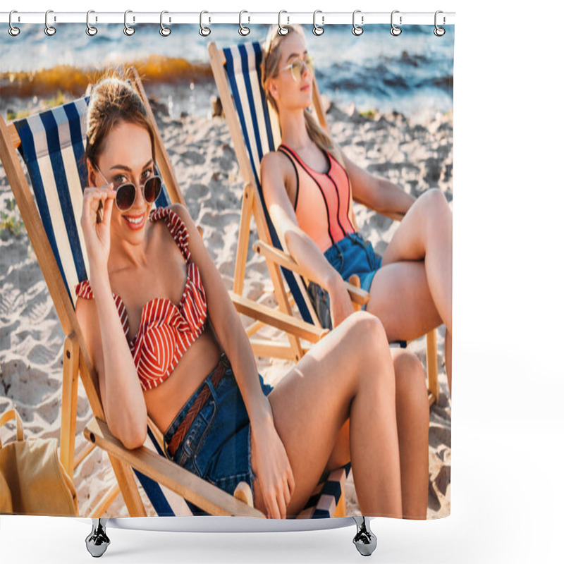 Personality  Beautiful Happy Young Women Sitting In Chaise Lounges On Sandy Beach Shower Curtains