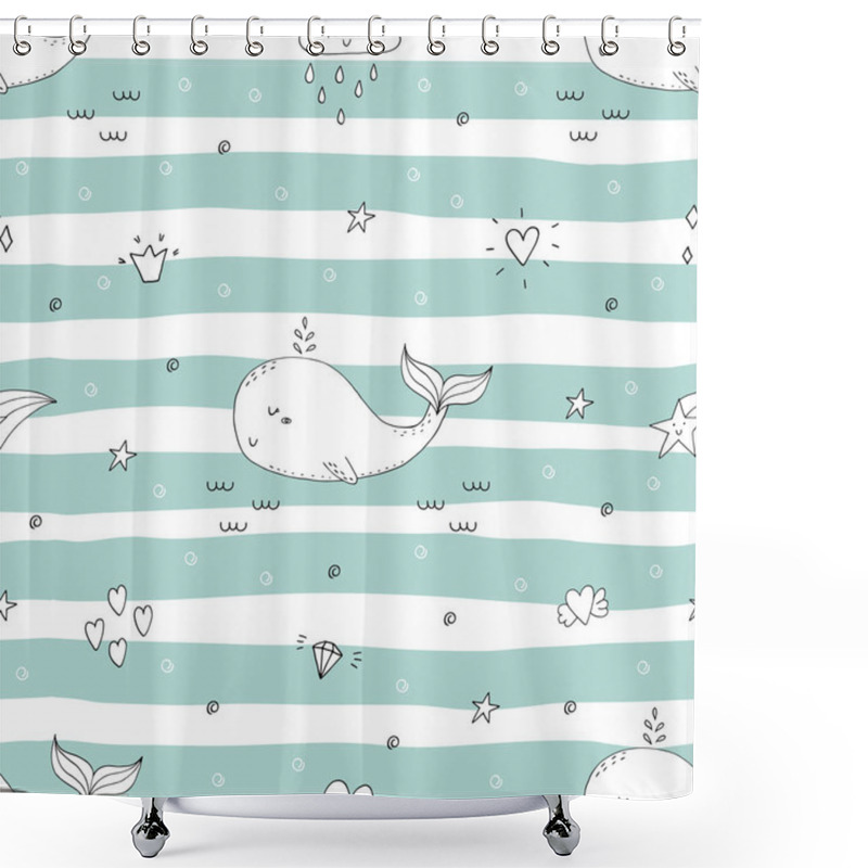 Personality  Cute Background With Cartoon Whales. Baby Shower Design. Shower Curtains