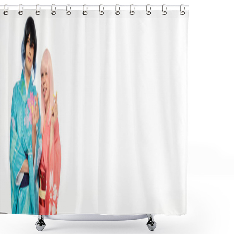 Personality  Playful Anime Woman Sticking Out Tongue And Showing Mini Hearts With Man In Kimono On White, Banner Shower Curtains