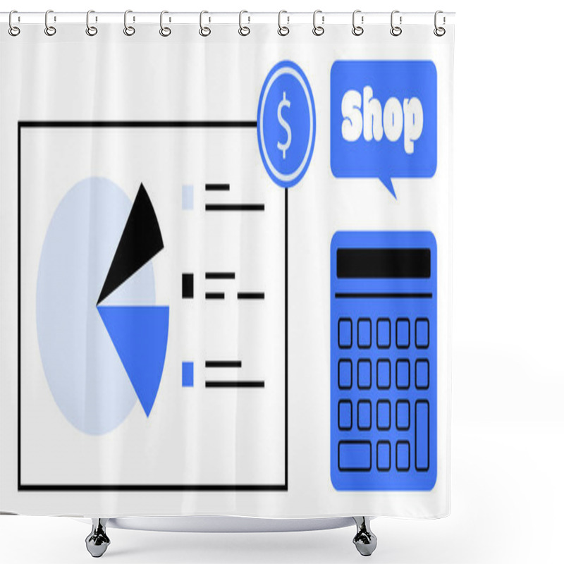 Personality  Diagram Showcasing A Pie Chart Next To A Calculator And A Speech Bubble With The Word Shop. Ideal For Financial Data, Online Shopping, Business Analytics, Budget Planning, Digital Sales. Modern Shower Curtains