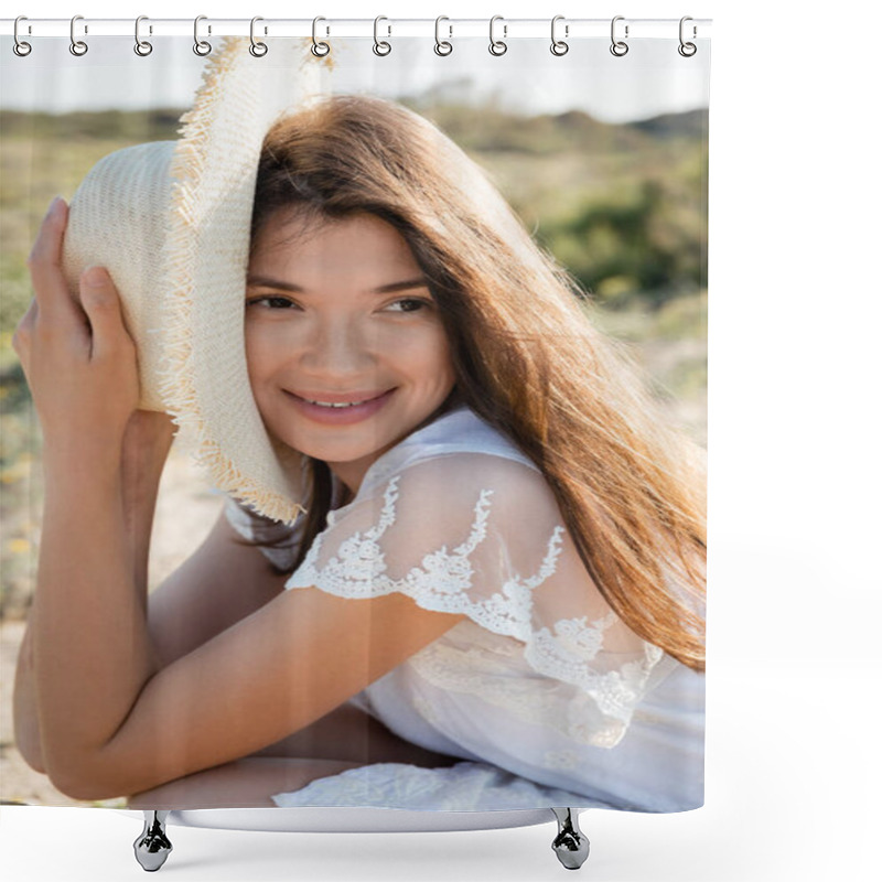 Personality  Portrait Of Smiling Woman Holding Straw Hat Near Face On Beach  Shower Curtains