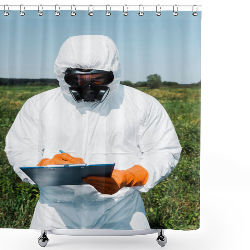 Personality  Exterminator In Protective Mask And Uniform Writing While Holding Clipboard  Shower Curtains