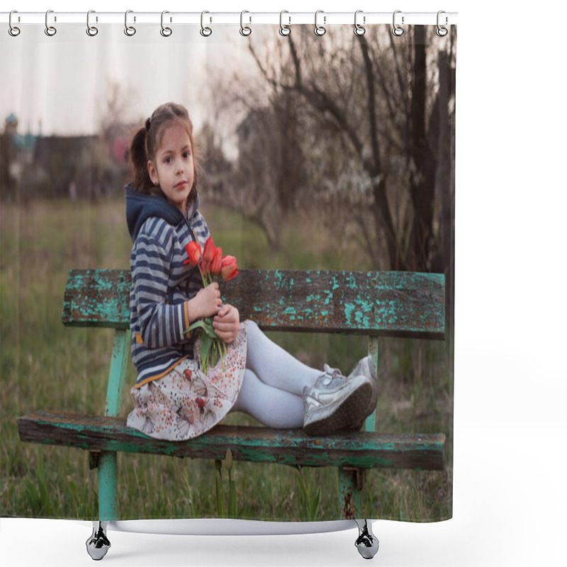 Personality  A Little Adorable Girl With Brown Eyes And Red Tulips In Her Pens. Girl Sits Spring Night Alone On An Old Wooden Bench Shower Curtains