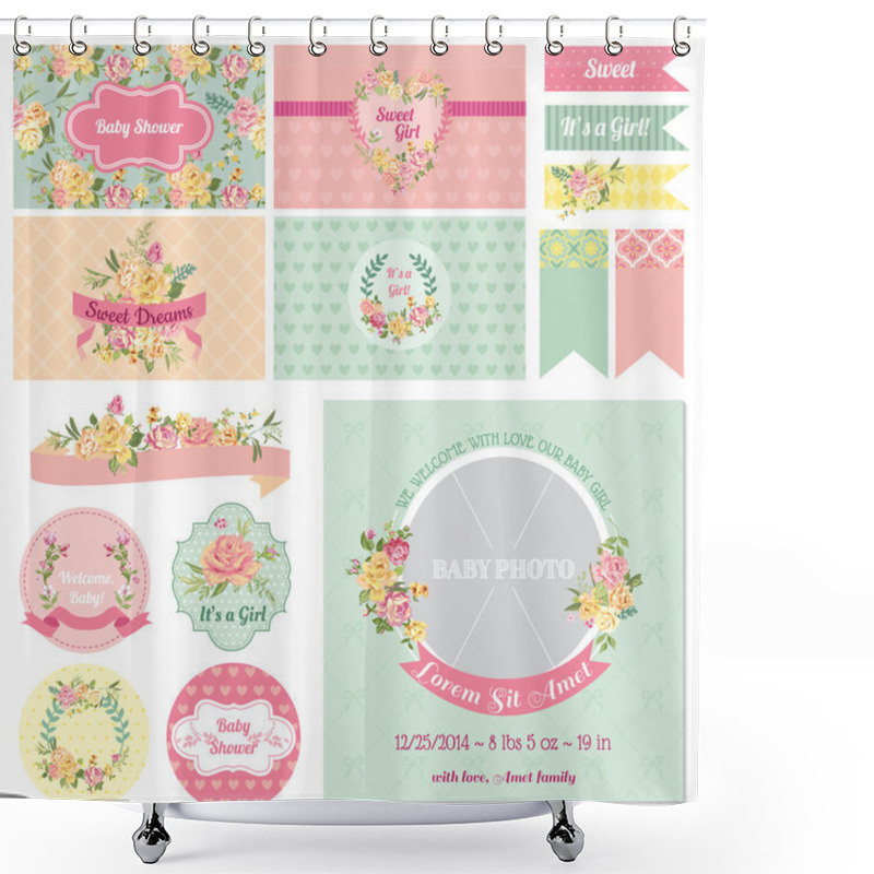 Personality  Scrapbook Design Elements - Baby Shower Flower Theme - In Vector Shower Curtains