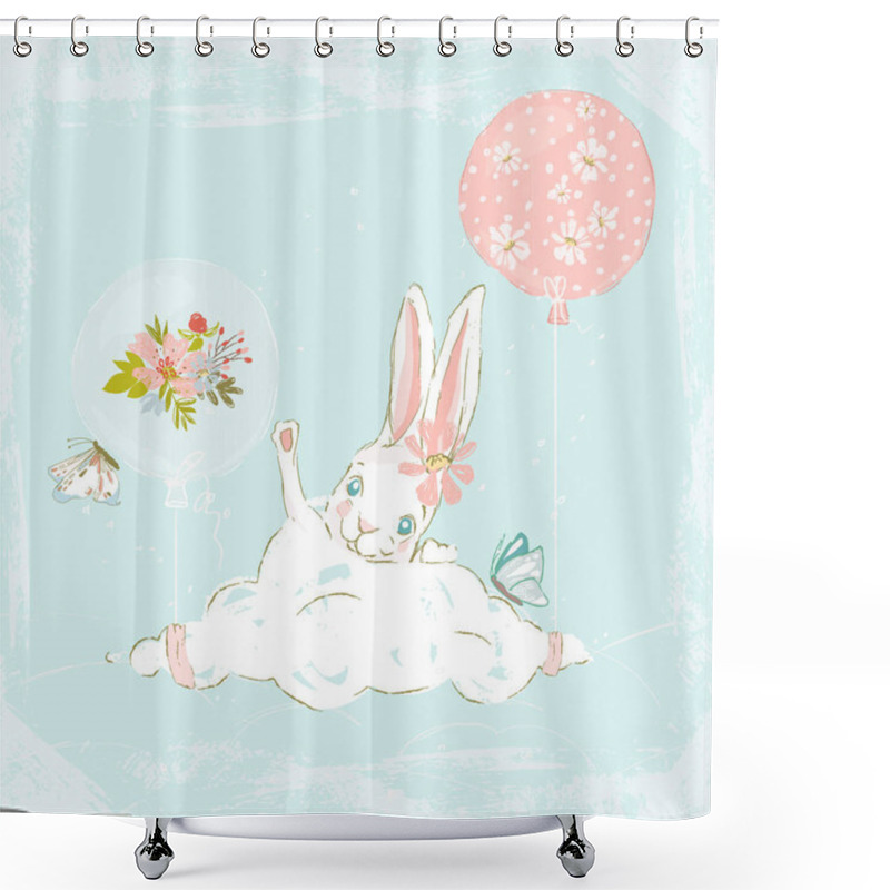 Personality  Cute Hand Drawn Bunny With Floral Wreath, Butterflies, Balloon And Cloud Shower Curtains