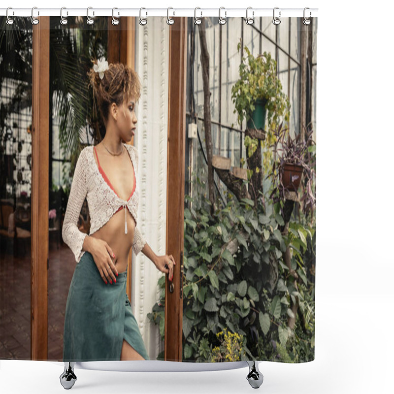 Personality  Side View Of Stylish Young African American Woman In Summer Outfit And Knitted Top Opening Door Of Indoor Garden At Background, Fashionable Woman Enjoying Summer Vibes Shower Curtains