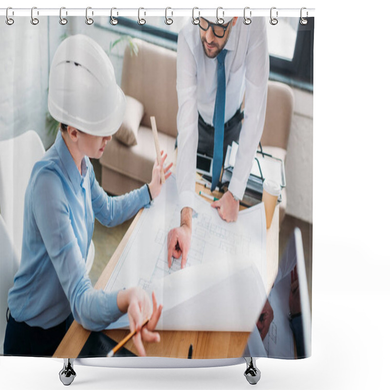 Personality  High Angle View Of Architects Working With Building Plan At Office Shower Curtains