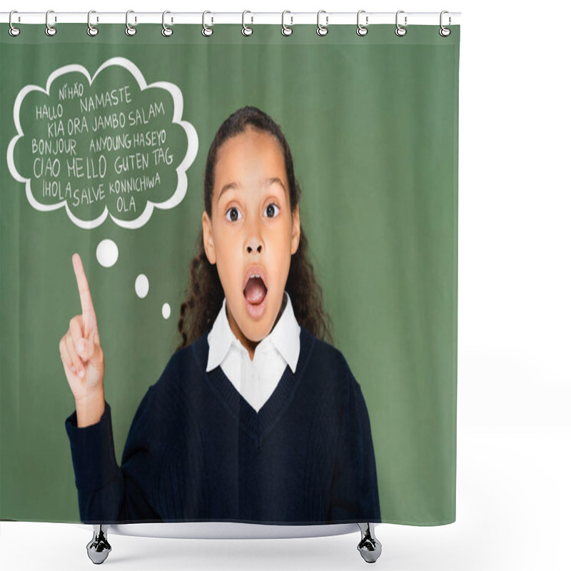 Personality  Shocked African American Schoolgirl Pointing At Thought Bubble With International Languages Green Chalkboard Shower Curtains