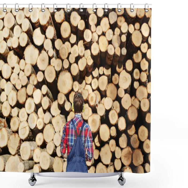 Personality  Back Of Man In Headphones Standing In Front Of Log Stack Shower Curtains