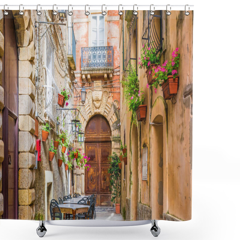 Personality  Cafe Tables And Chairs Outside In Old Cozy Street In The Positano Town, Italy Shower Curtains