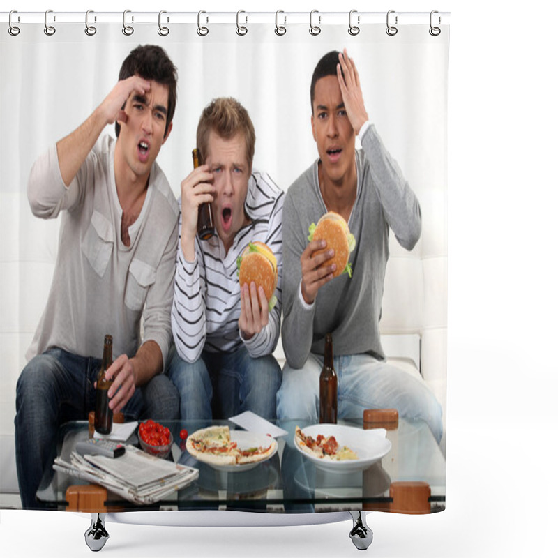 Personality  Three Lads Cringing At The Television Shower Curtains