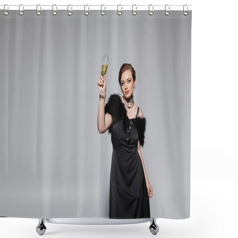 Personality  A Young Woman Dressed In An Elegant Black Dress Raises Her Glass In A Joyful Celebration. Shower Curtains