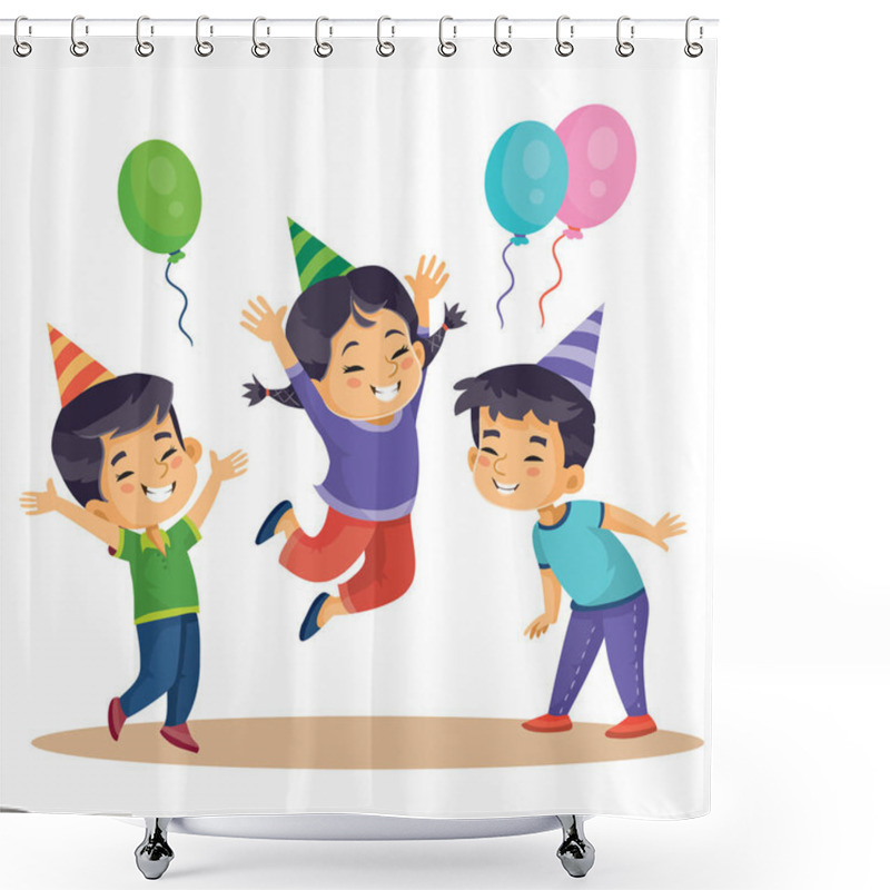 Personality  Funny Children Celebrate Happy Holiday With Balloons, Isolated Object On White Background, Vector Illustration, Shower Curtains