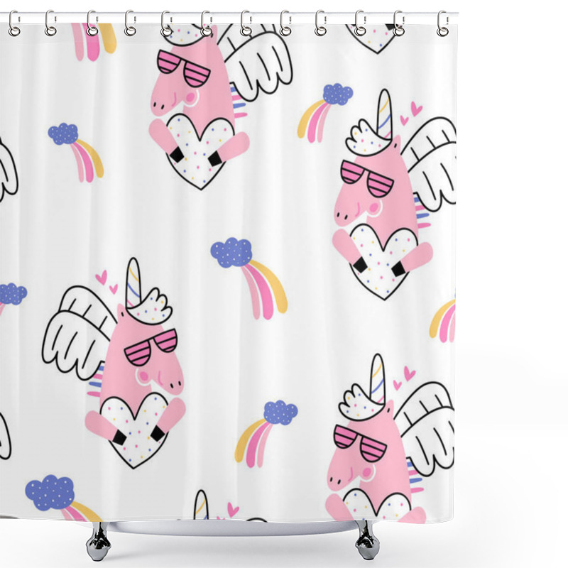 Personality  Seamless Vector Pattern With Cute Pink Unicorns On White Background. Perfect For Textiles And Wrapping Paper. Shower Curtains