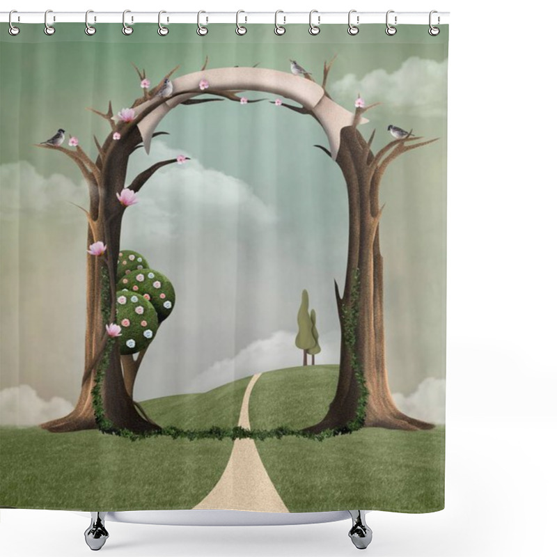 Personality  Springtime Scenery Postcard With An Empty Banner For Text Shower Curtains