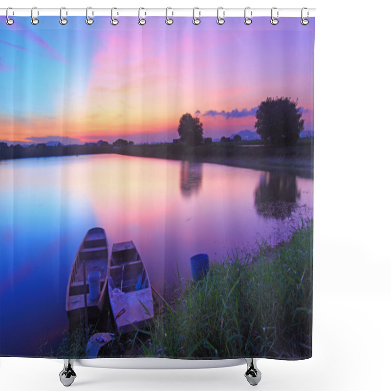 Personality  Isolated Boats Along The Pond At Sunset Time Shower Curtains