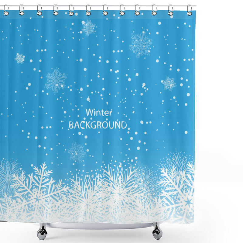 Personality  White Snowflakes On Blue Background. Merry Christmas Greetings Card Shower Curtains