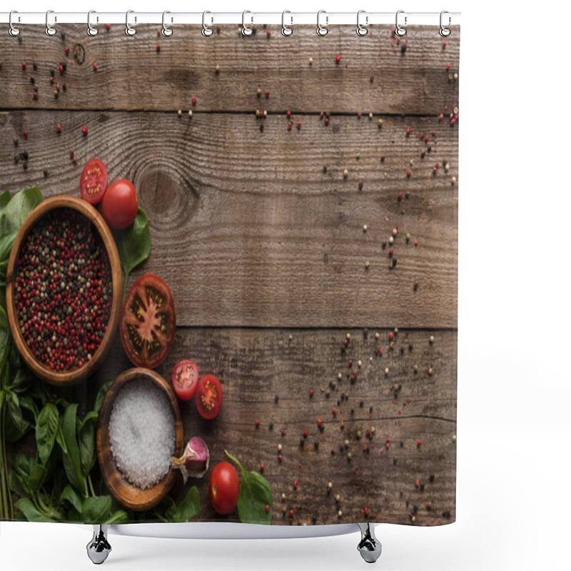 Personality  Top View Of Scattered Pepper Near Sliced Cherry Tomatoes, Spinach And Bowls On Wooden Table  Shower Curtains