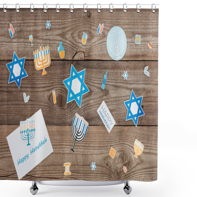 Personality  Flat Lay With Happy Hannukah Card And Holiday Paper Signs On Wooden Tabletop, Hannukah Concept Shower Curtains