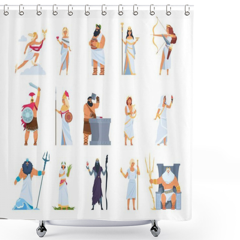 Personality  Cartoon Greek Gods. Members Of Divine Pantheon Of Greece. Mythology Persons In Toga And Golden Helmet Or Wreath. Collection Of Olympian Deities, Vector Gorgeous Legends Character Set Shower Curtains