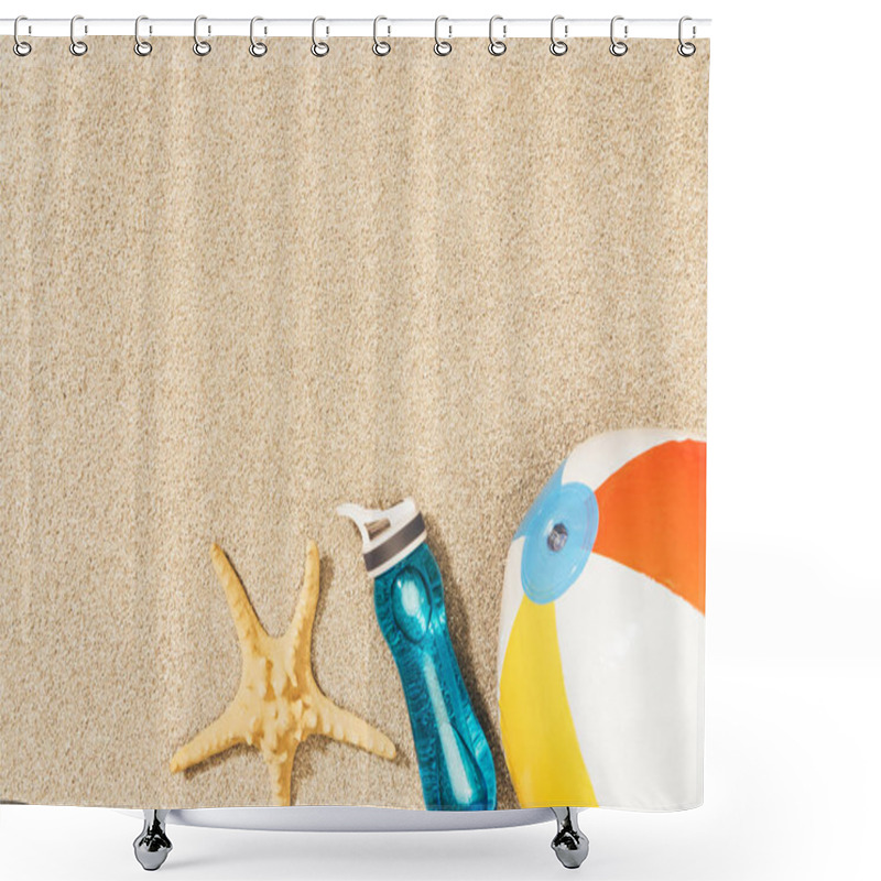 Personality  Flat Lay With Arranged Water Bottle, Sea Star And Beach Ball On Sand Shower Curtains