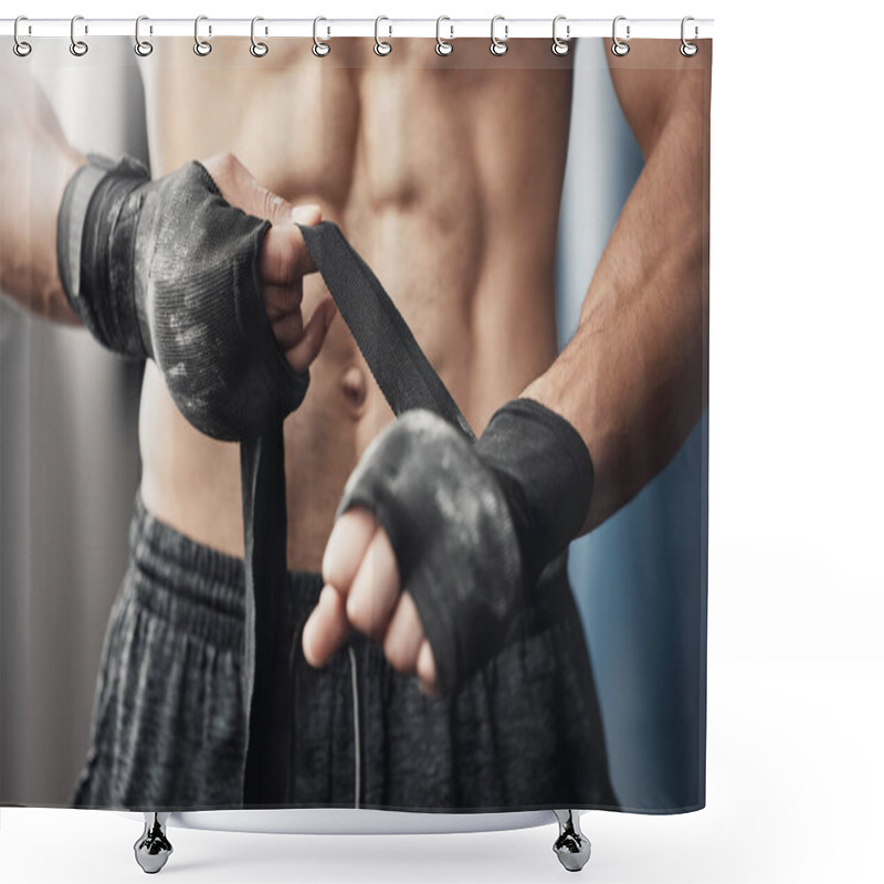 Personality  Training, Fitness And Boxing Man Prepare For Workout Or Match At Gym Or Fitness Center With Hand Wrap. Closeup Of Athletic Boxer Getting Ready For Strength, Cardio And Endurance Kickboxing Challenge. Shower Curtains