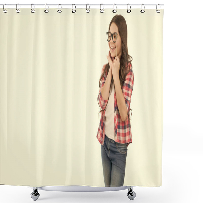 Personality  Photo Of Happy Teen Girl With Party Props. Teen Girl In Checkered Shirt With Props With Copy Space. Teen Girl Hold Props Isolated On White Background. Teen Girl Holding Props In Studio. Shower Curtains