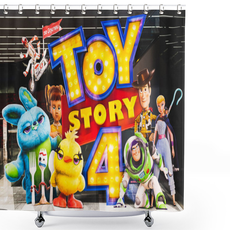 Personality  Bangkok, Thailand - Jun 17, 2019: Toy Story 4 Movie Backdrop Display With Cartoon Characters In Movie Theatre. Cinema Promotional Advertisement, Or Film Industry Marketing Concept Shower Curtains