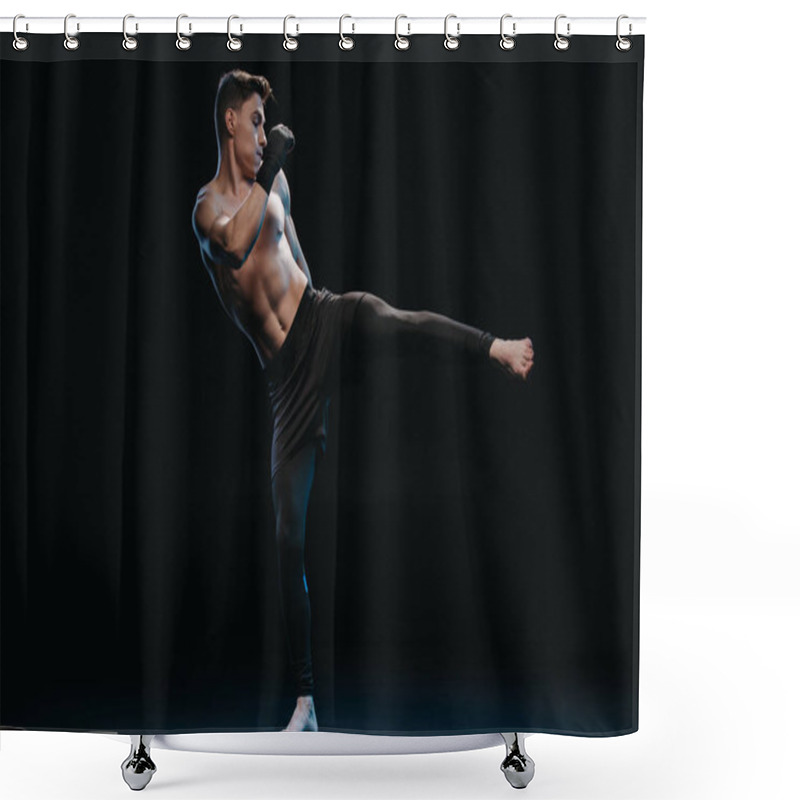 Personality  Muscular Shirtless Strenuous Mma Fighter In Bandages Doing Kick Isolated On Black Shower Curtains