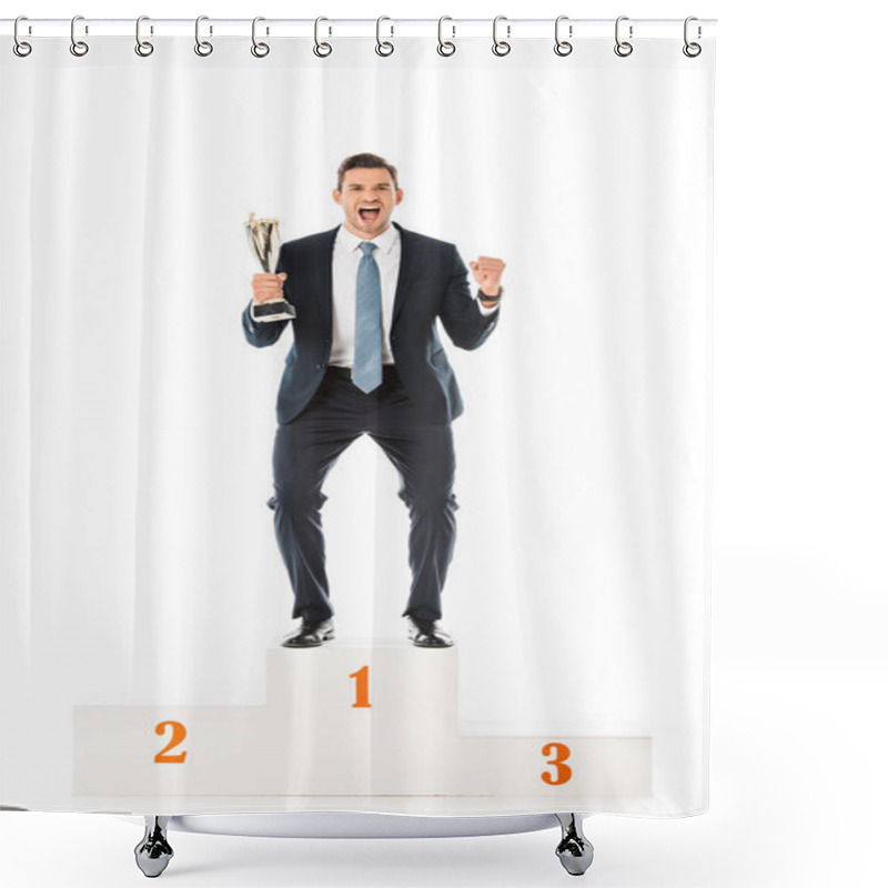 Personality  Excited Emotional Businessman With Trophy Cup Standing On Winners Podium Isolated On White Shower Curtains