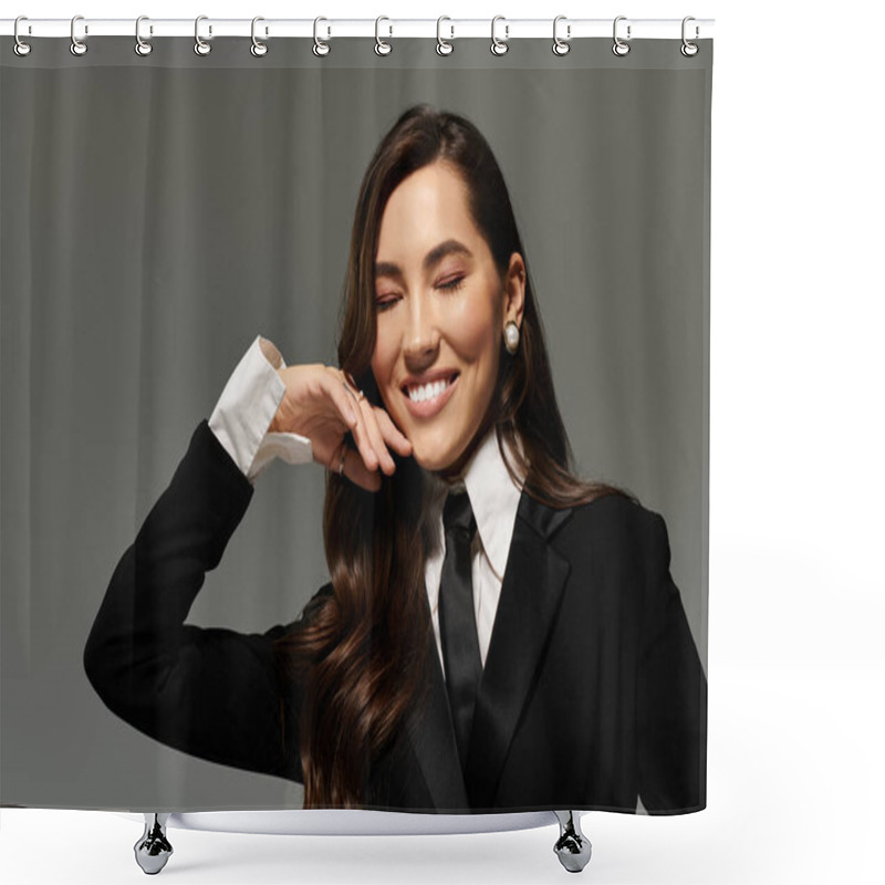 Personality  A Graceful Young Woman With Brown Hair Poses Stylishly Against A Grey Backdrop. Shower Curtains