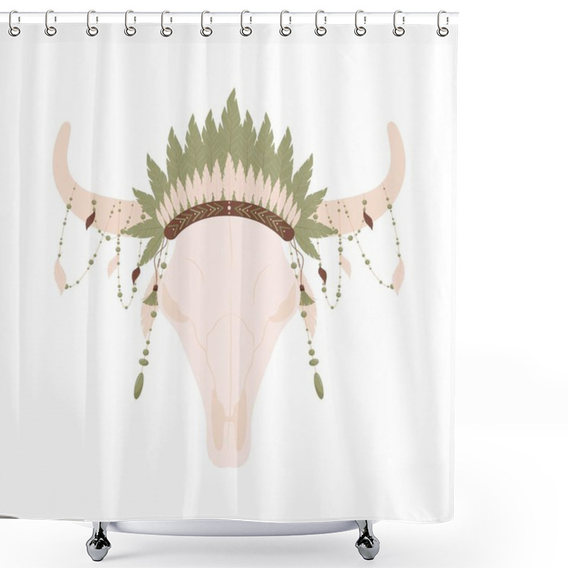 Personality  Bull Skull With A Crown Of Feathers And Beads In A Boho Style. Skull Vector Illustration Isolated On White Background. Shower Curtains