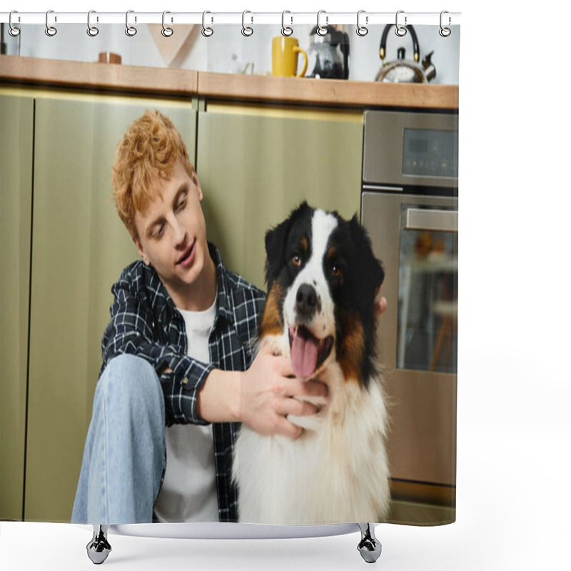 Personality  A Young Redhead Man Has Fun With His Playful Australian Shepherd In Their Apartment. Shower Curtains