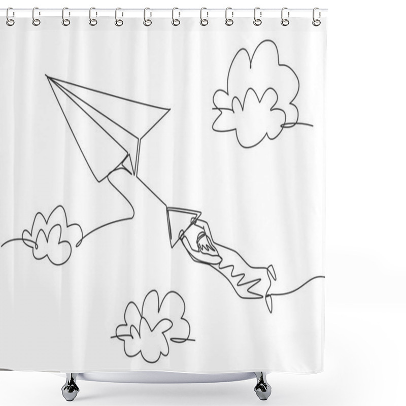 Personality  Continuous One Line Drawing Of Young Arab Male Worker Hanging Tight On Flying Paper Plane At Sky. Business Challenge Minimalist Metaphor Concept. Single Line Draw Design Vector Graphic Illustration Shower Curtains