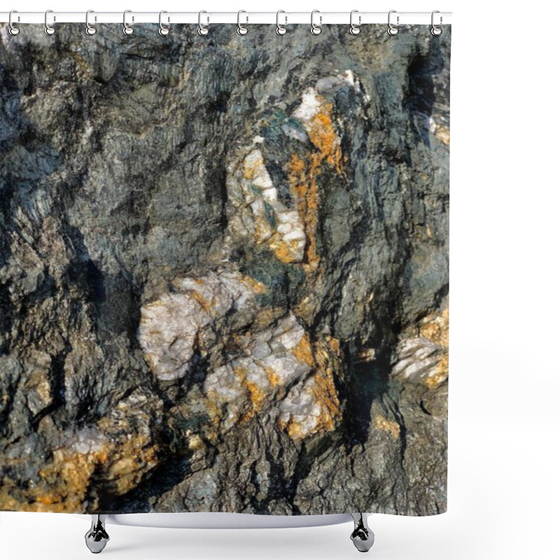 Personality  Geological Fault Of Stone. The Background Of The Structural Surface. Rough, Black Charcoal With Inlays Of Gray Marble And Yellow Brown Iron Corrosion. Shower Curtains