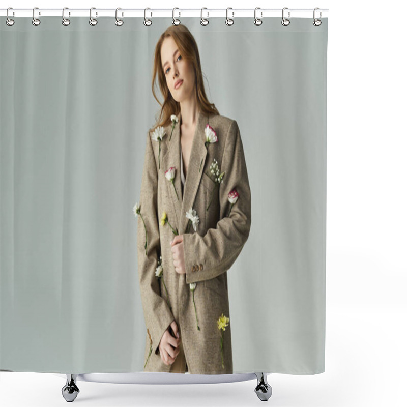 Personality  A Young Woman Elegantly Poses, Showcasing Flowers Decorating Her Blazer. Shower Curtains