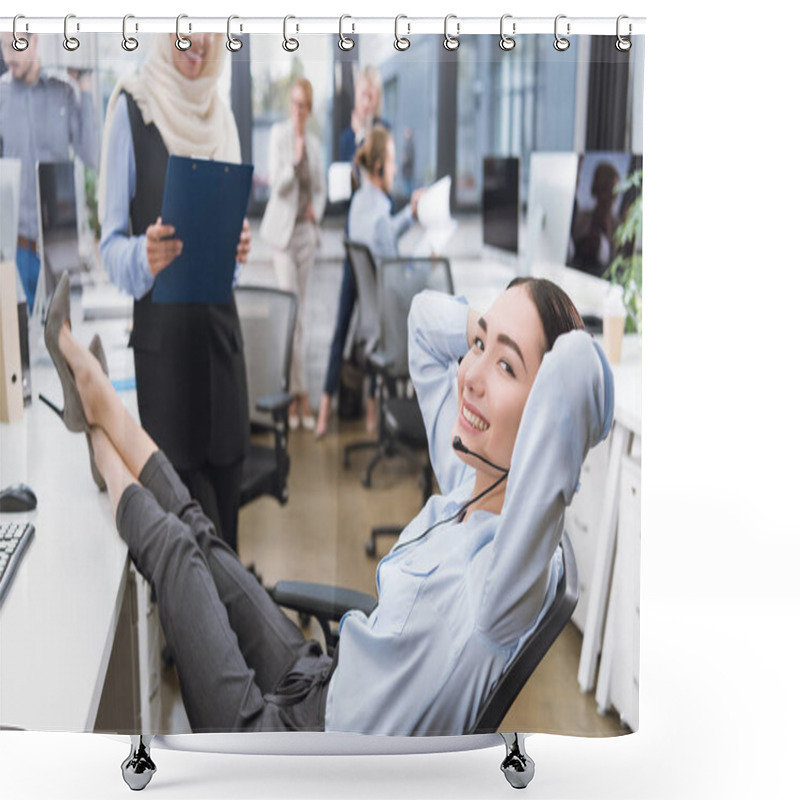 Personality  Smiling Asian Businesswoman In Headset Shower Curtains