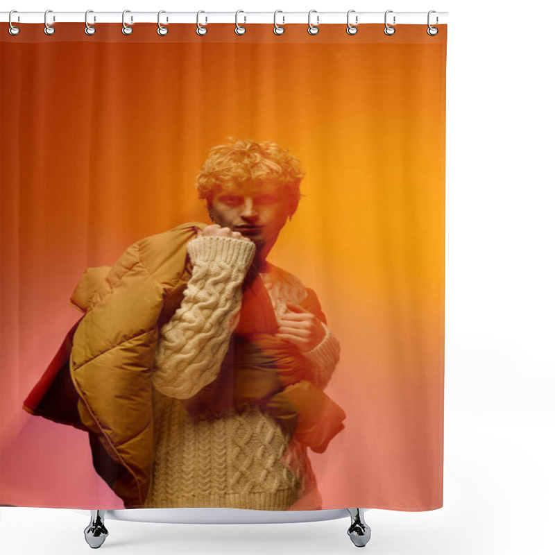 Personality  A Young Man Showcases His Holiday Fashion In A Cozy Setting, Blending Textures With A Chic Knitted Sweater And A Contemporary Puffer Jacket. The Warm Tones Create A Festive Mood Perfect For Christmas. Shower Curtains