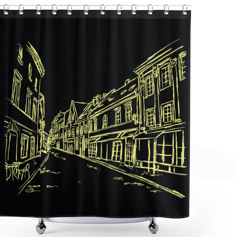 Personality  Old City Street In Hand Drawn Line Sketch Style. Old City Landscape. Vector Illustration. Shower Curtains