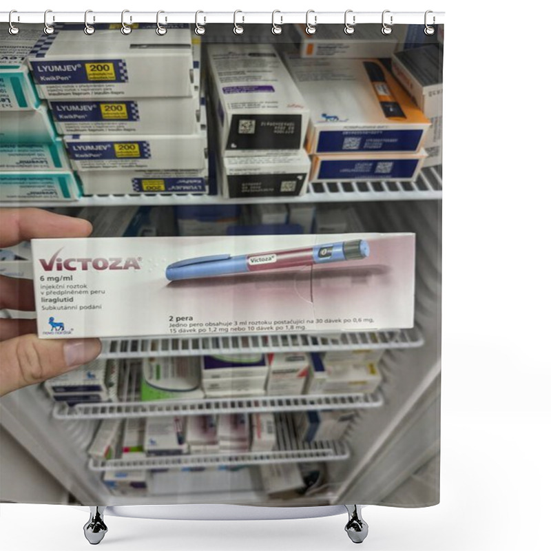 Personality  Prague,Czech Republic-June 28 2024: VICTOZA Medication With Liraglutide Active Substance By Novo Nordisk, Used For Treatment Of Diabetes Mellitus Type 2, Weight Management, Hyperglycemia,injection Shower Curtains