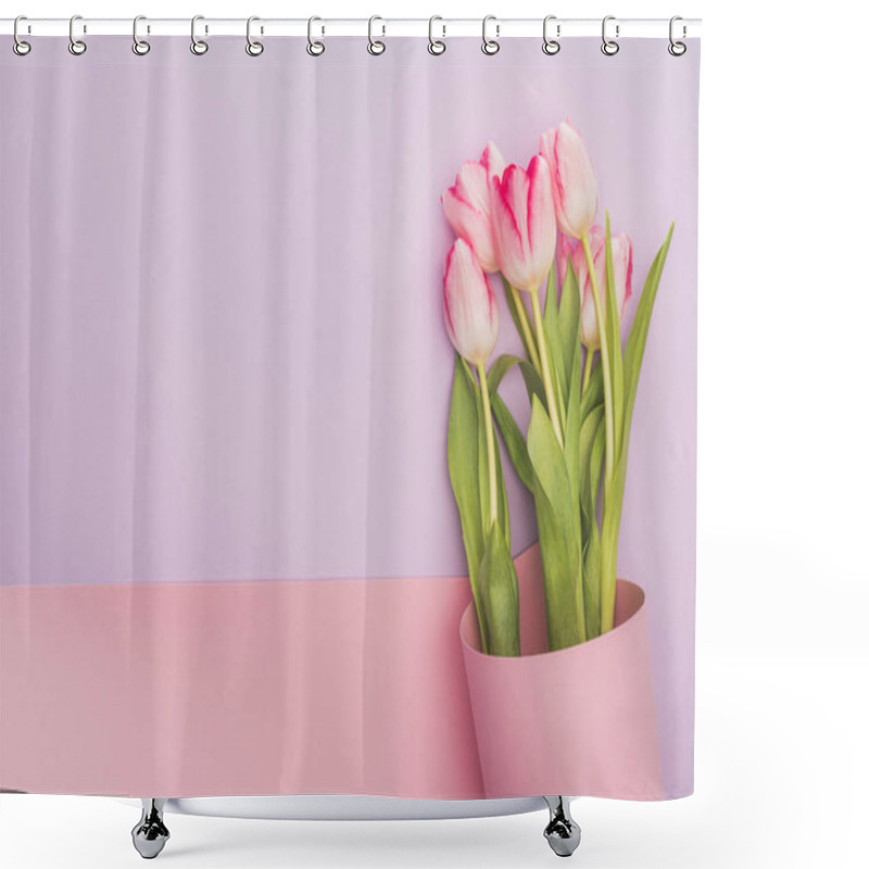 Personality  Top View Of Tulips Wrapped In Pink Paper Swirl On Violet Background Shower Curtains