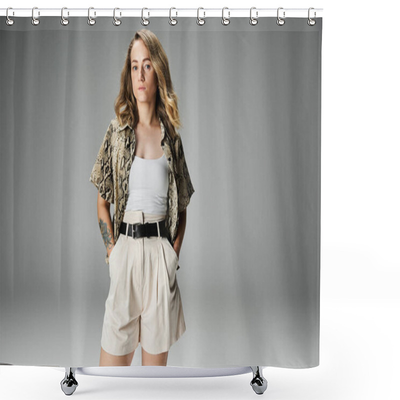 Personality  Woman With Vitiligo Shows Her Style In Light Shorts And A Patterned Shirt. Shower Curtains