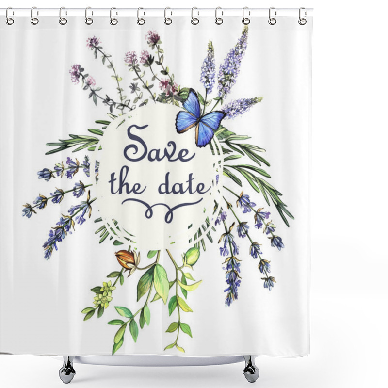 Personality  Card With Herbs And Butterfly. Shower Curtains