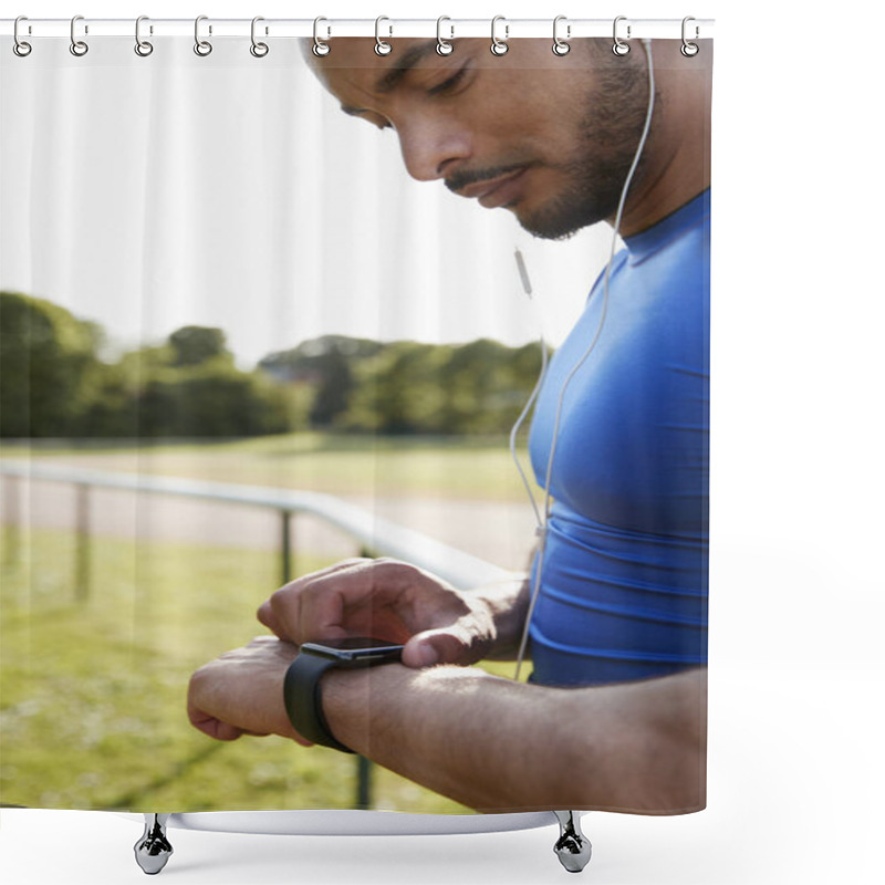 Personality  Male Athlete At Running Track Setting Smartwatch App Shower Curtains