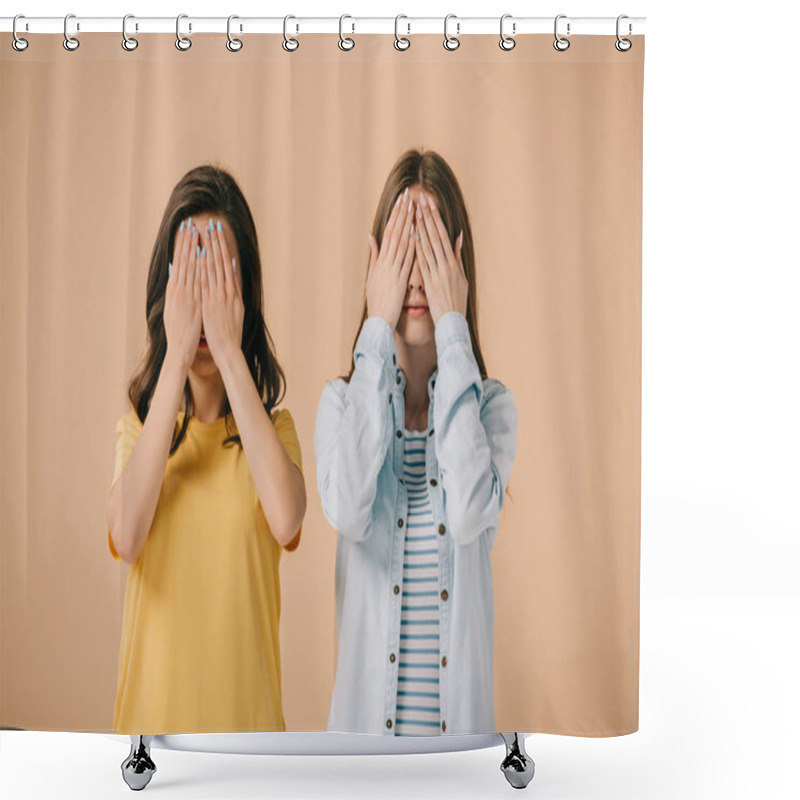 Personality  Two Friends In T-shirt And Shirt Obscuring Faces Isolated On Beige Shower Curtains