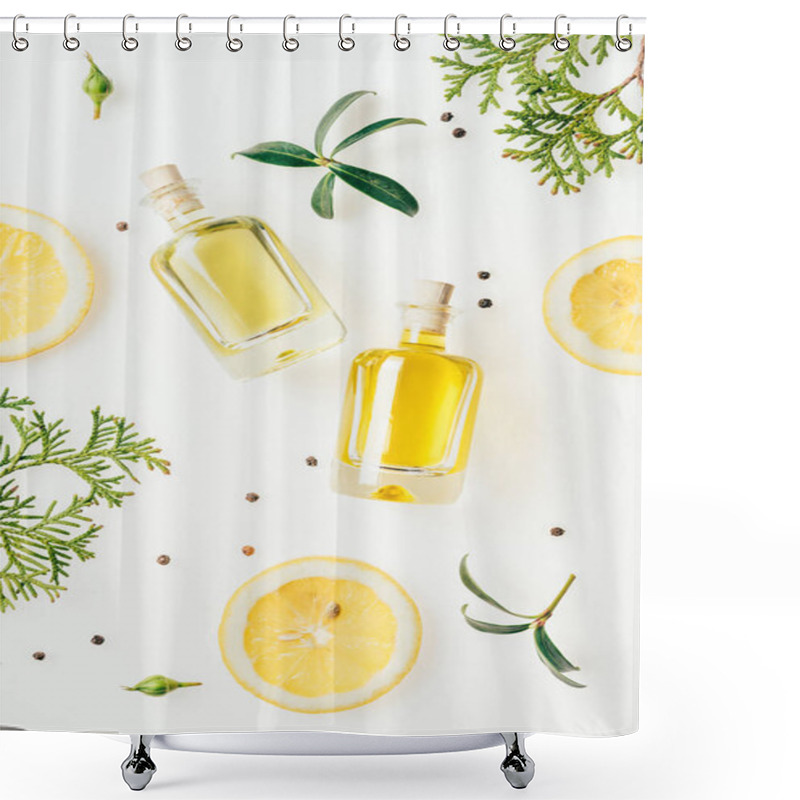 Personality  Top View Of Bottles Of Fresh Perfume With Green Branches And Lemon Slices On White Shower Curtains