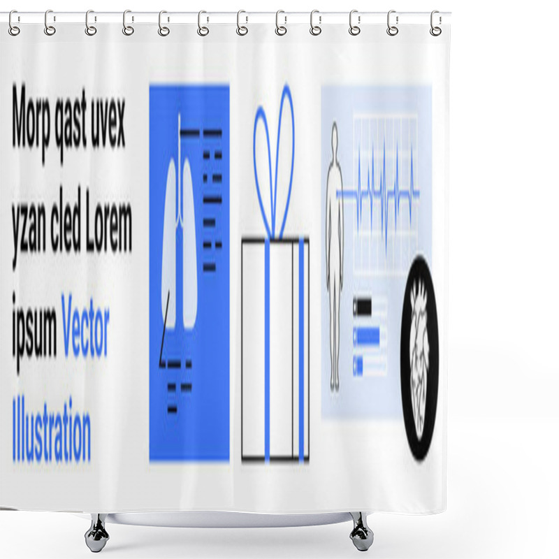 Personality  Block Of Text, Diagram Of Human Lungs On Monitor, Wrapped Gift Box, Heartbeat Graph With Human Outline, Heart Icon. Ideal For Healthcare, Technology, Gift Industry, Health Diagnostics Medical Shower Curtains